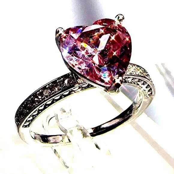 Pink Cubic Zirconia Heart Cut Ring Silver Tone Size 7 - Picture 4 of 9